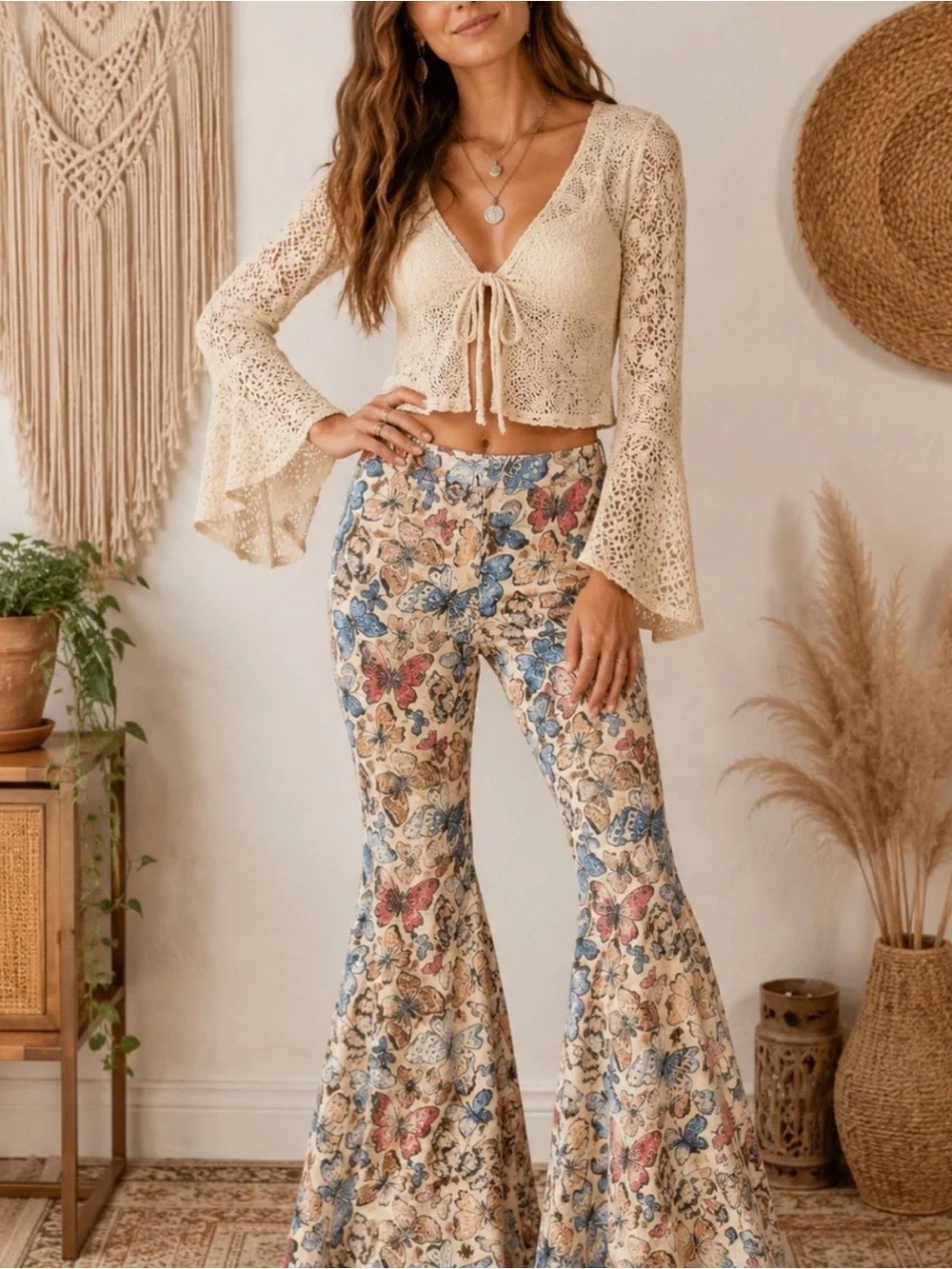 Free People Beige Floral Butterfly Print Boot Cut Flare Pants - Picture 1 of 3